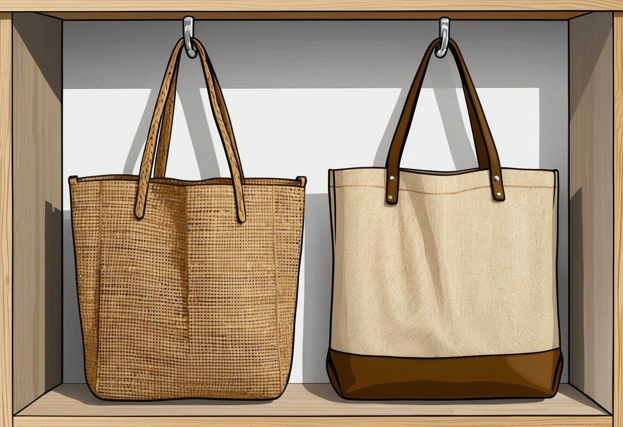 A jute tote bag hangs on a hook, while a canvas tote bag sits on a shelf. Both are well-maintained and show signs of longevity