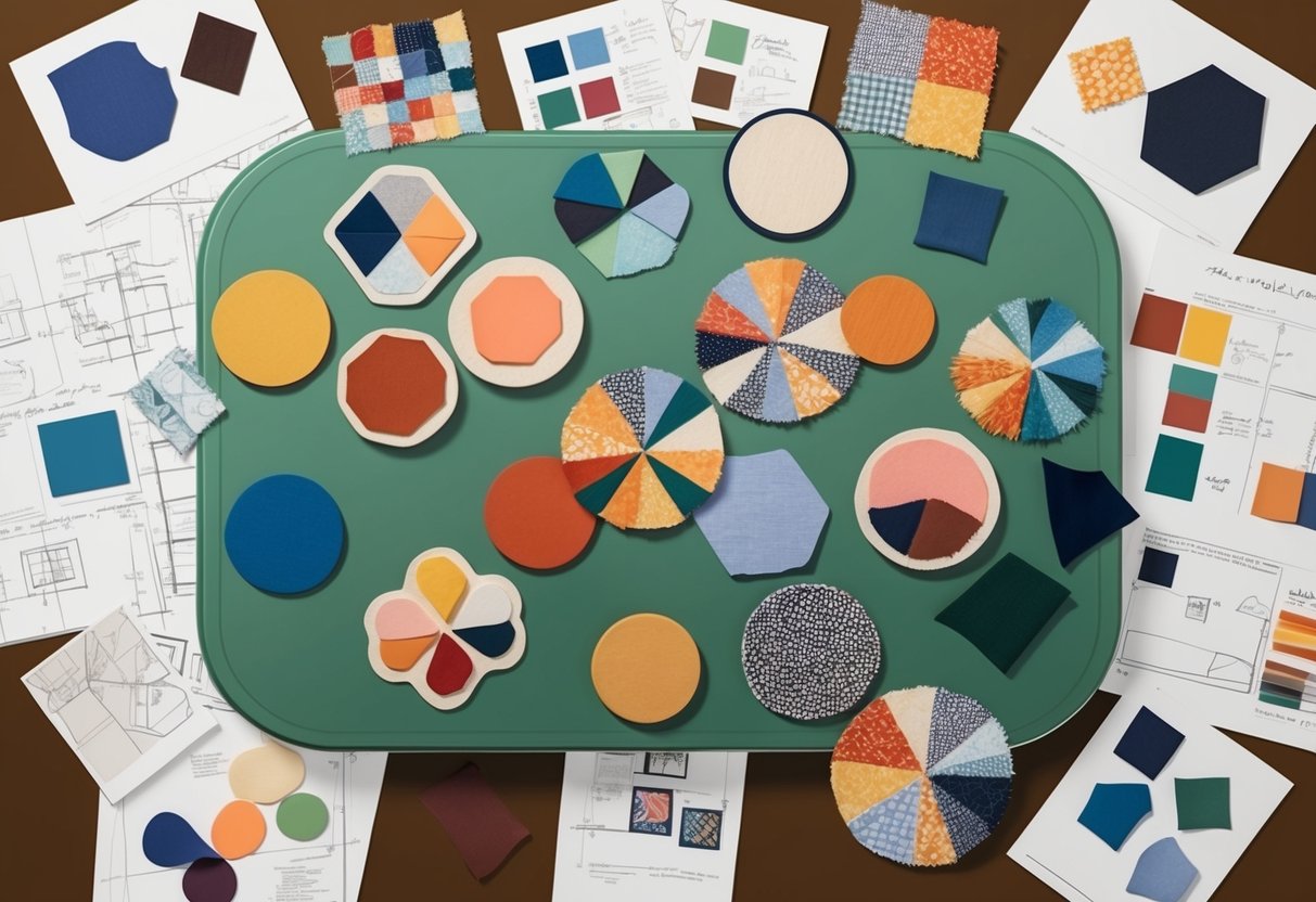 A table with various patch shapes, colors, and patterns spread out, surrounded by design sketches and reference images