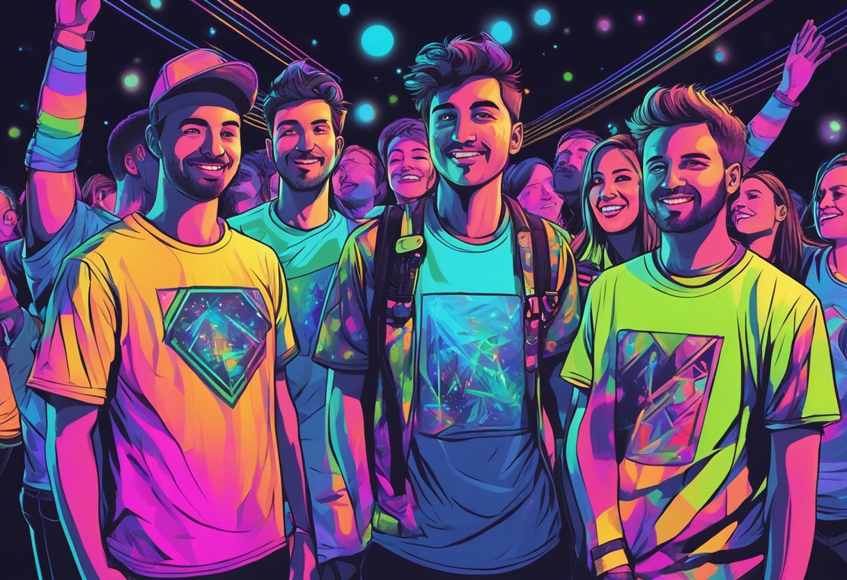 A group of friends wearing glow-in-the-dark shirts at a nighttime music festival, with the shirts illuminating in various vibrant colors under the black lights