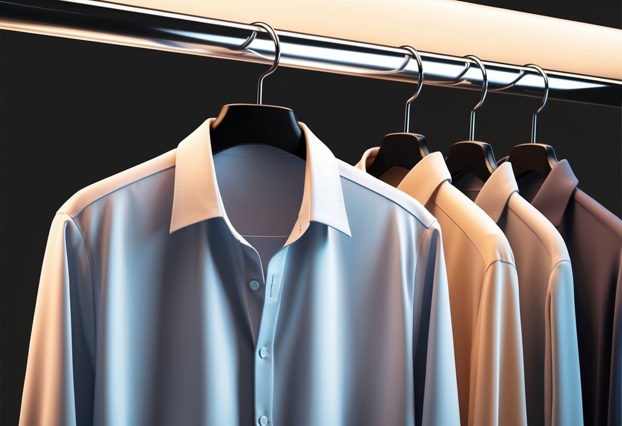 A Bella shirt made of quality fabric composition, hanging on a sleek clothing rack with soft lighting highlighting its texture and detail