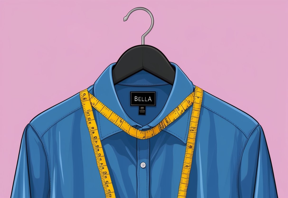 A Bella shirt draped over a hanger, with a measuring tape wrapped around the collar for size and fit reference