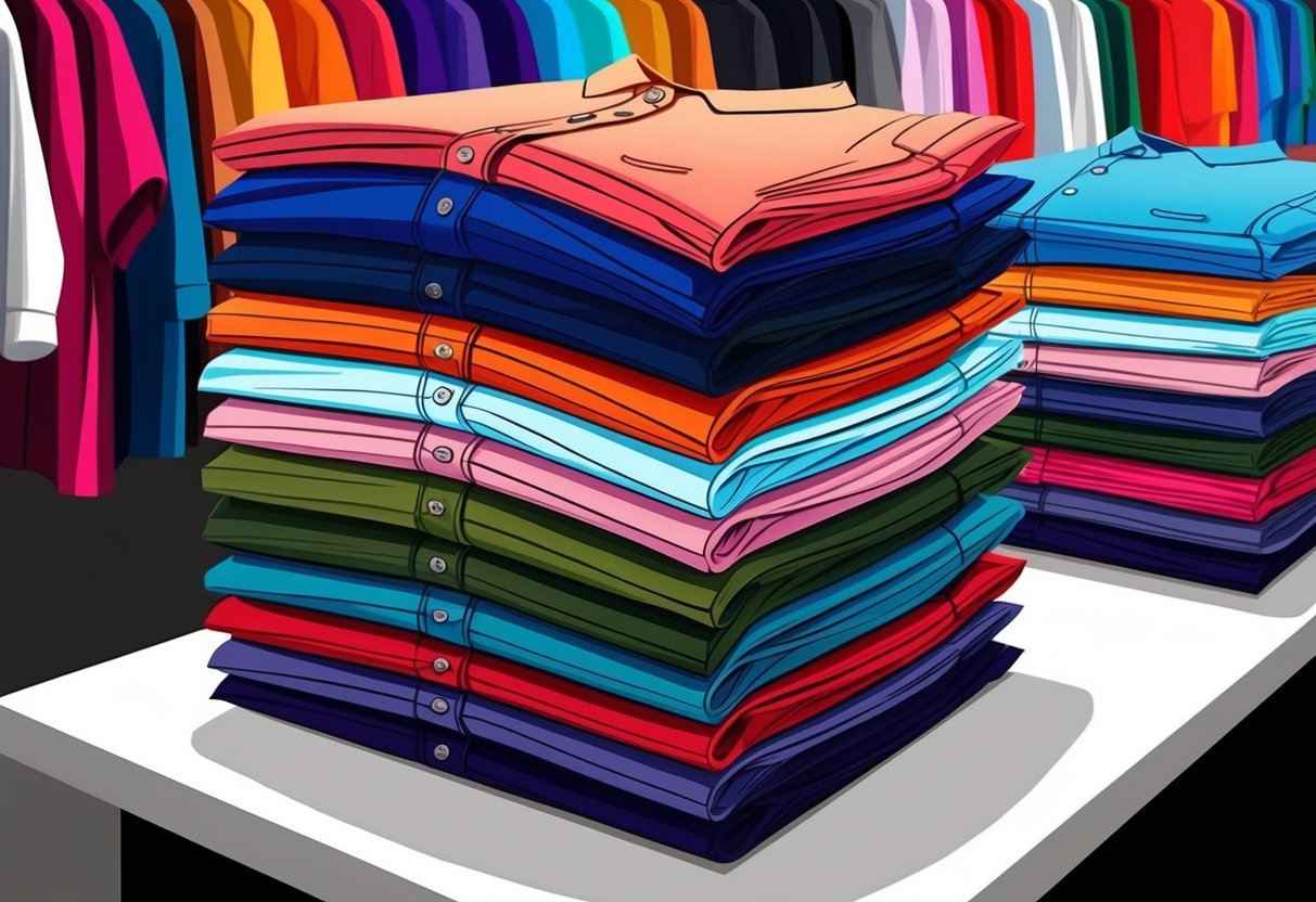 A stack of colorful Bella shirts neatly folded on a display table