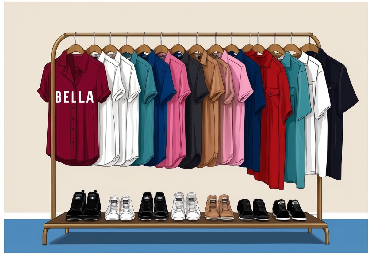 A Bella shirt displayed in a variety of styles on a clothing rack