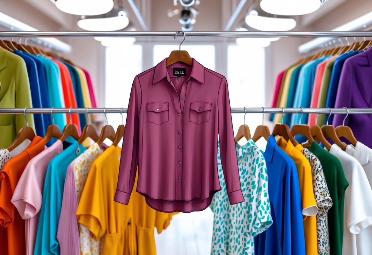 A Bella shirt hanging on a clothing rack in a brightly lit boutique, surrounded by other colorful and stylish garments