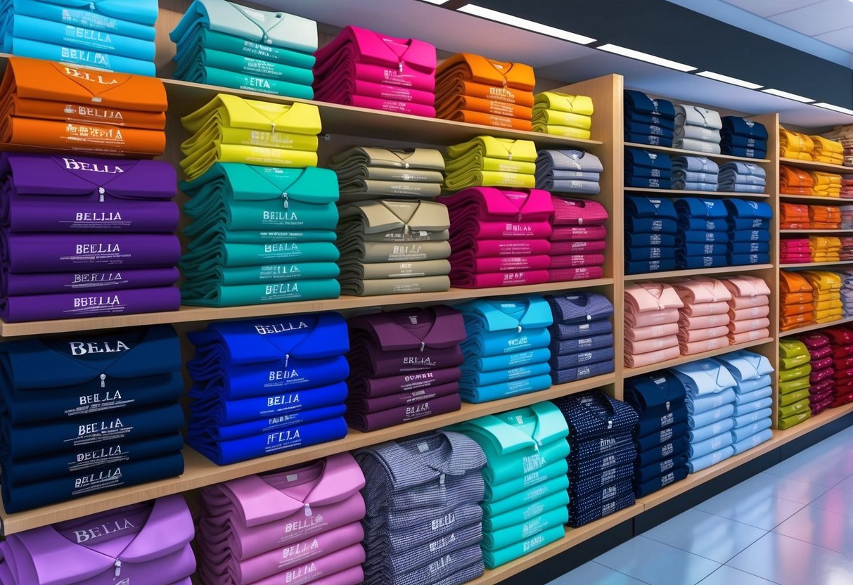 A colorful display of Bella shirts with various designs and sizes, neatly folded and organized on shelves in a retail store