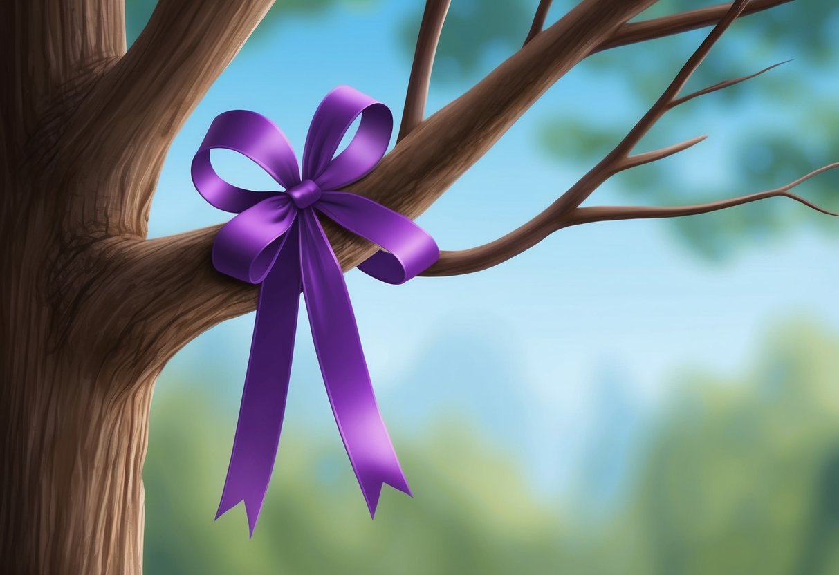 A purple ribbon tied around a tree branch, gently swaying in the breeze