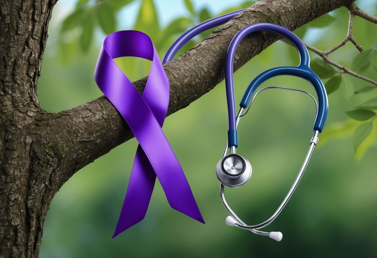 A purple ribbon tied around a tree branch, with a stethoscope draped over it