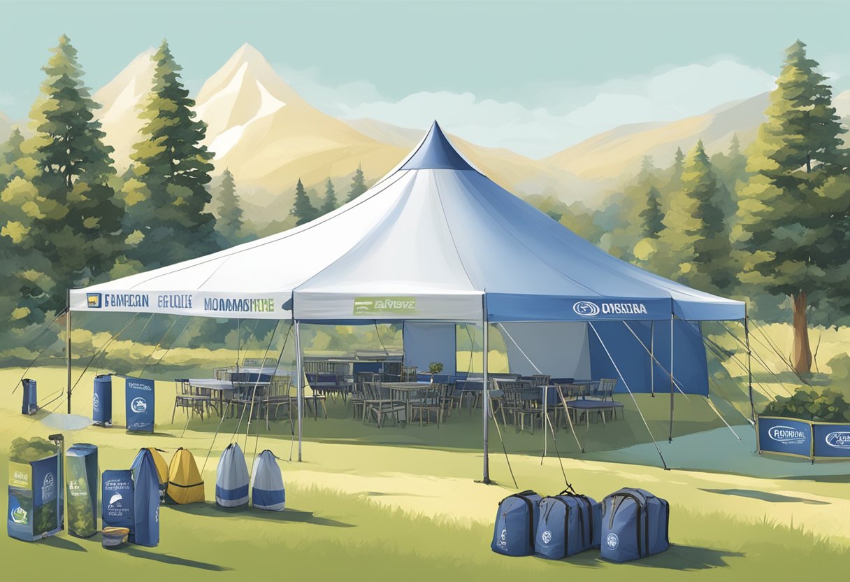 A branded tent set up in a picturesque outdoor setting, with company logos prominently displayed on banners, flags, and promotional items