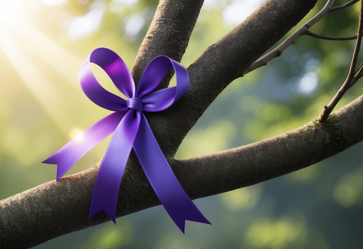 A purple ribbon tied around a tree branch, with sunlight casting a soft glow on it