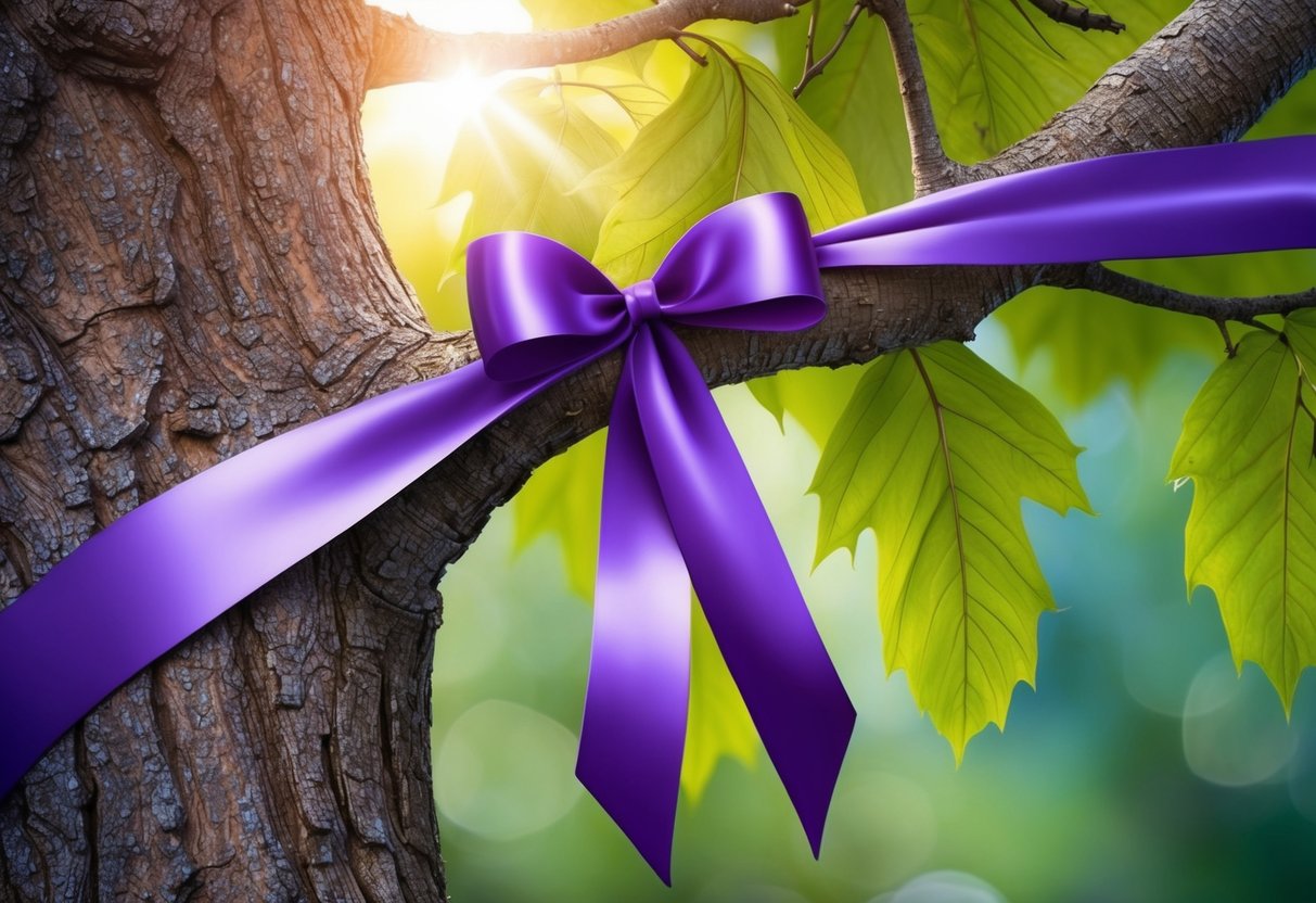 A purple ribbon tied around a tree branch, with sunlight filtering through the leaves