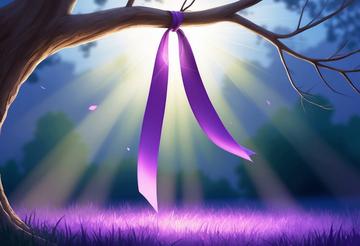 A purple ribbon hanging from a tree branch, with sunlight shining through the translucent fabric, casting a soft purple glow on the ground below