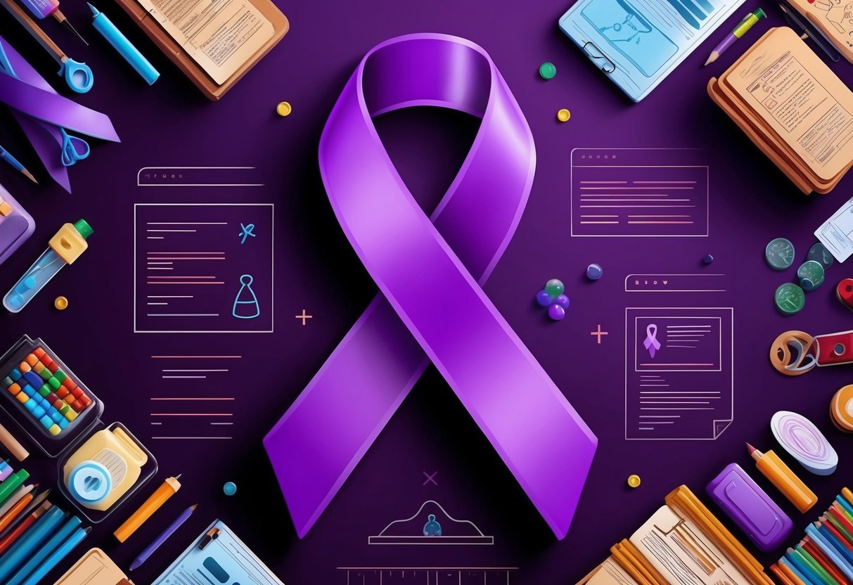 A purple ribbon symbolizes support and resources