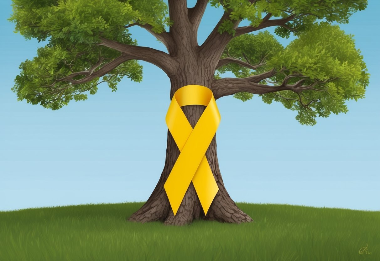 A yellow ribbon tied around a sturdy oak tree, symbolizing hope and remembrance