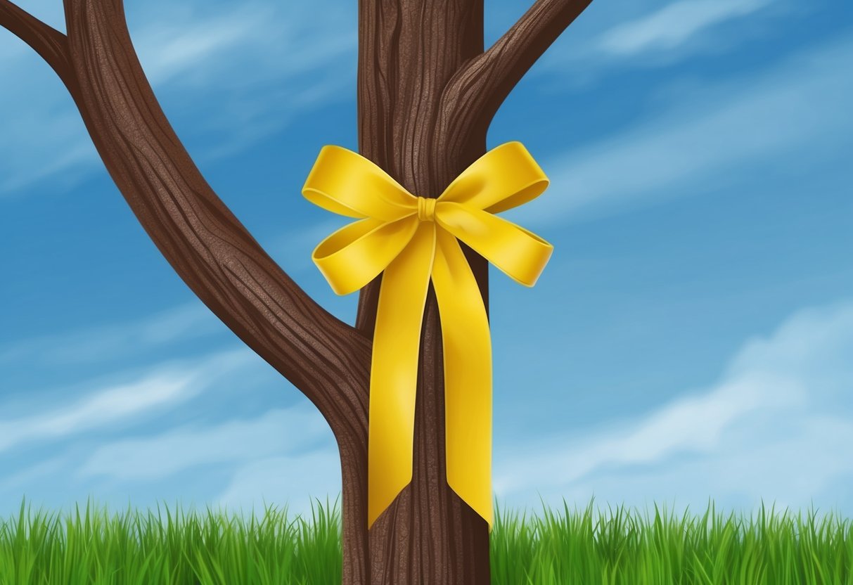 A yellow ribbon tied around a tree branch, with a background of blue sky and green grass