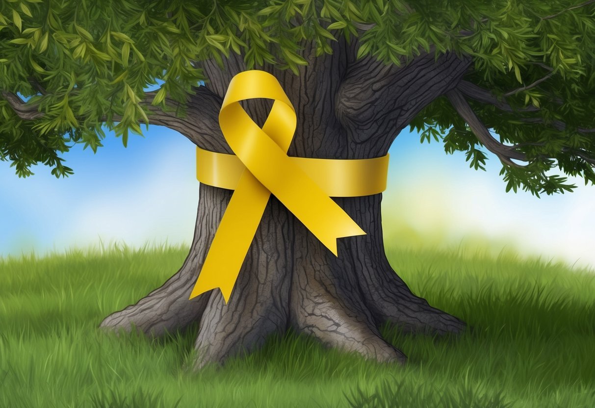 A yellow ribbon tied around a sturdy oak tree, symbolizing hope and remembrance