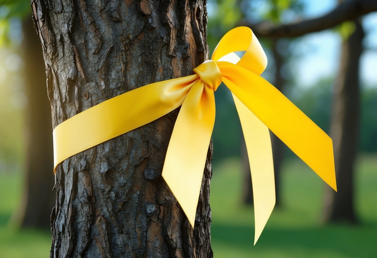 A yellow ribbon tied around a tree branch, symbolizing hope and support for troops and prisoners of war