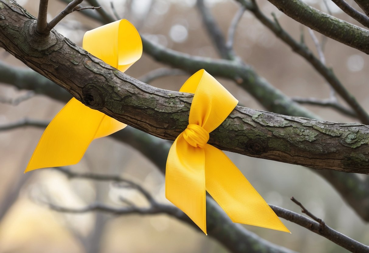 A yellow ribbon tied around a tree branch, with other ribbons of different colors nearby