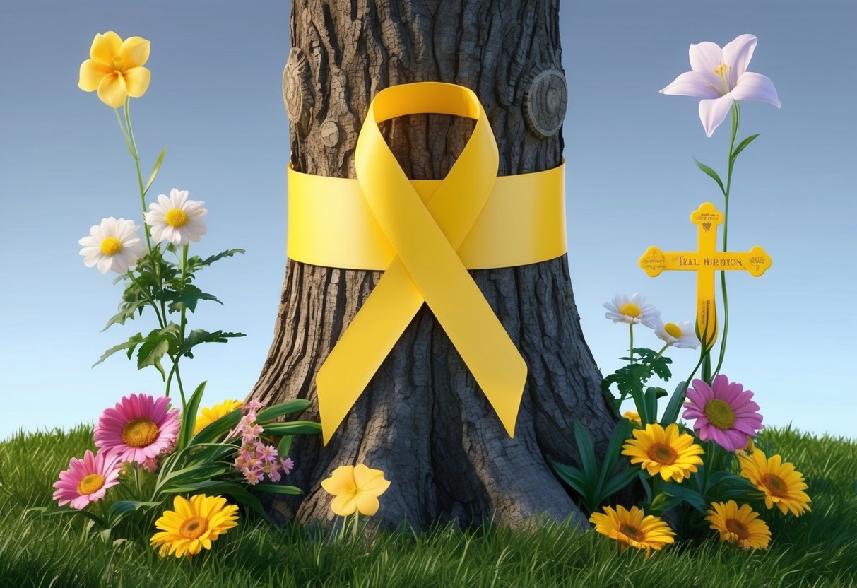 A yellow ribbon tied around a sturdy tree trunk, surrounded by flowers and symbols of support and remembrance