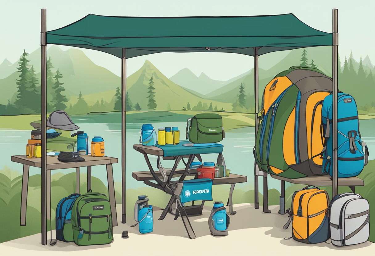 A table displays branded camping gear, including water bottles, hats, and backpacks. A banner reads "Corporate Gifting for Outdoors" above the display