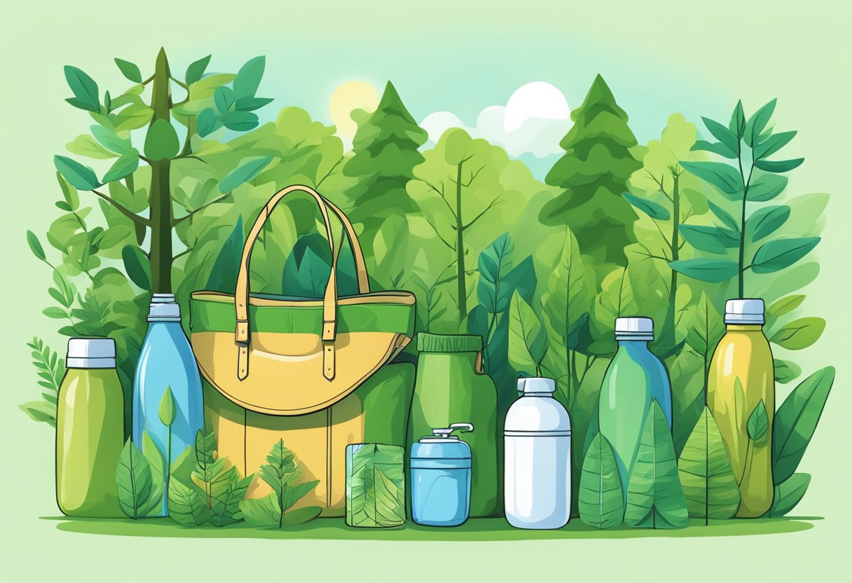 A lush green forest with a clear blue sky, showcasing eco-friendly outdoor swag items such as reusable water bottles, bamboo sunglasses, and organic cotton tote bags