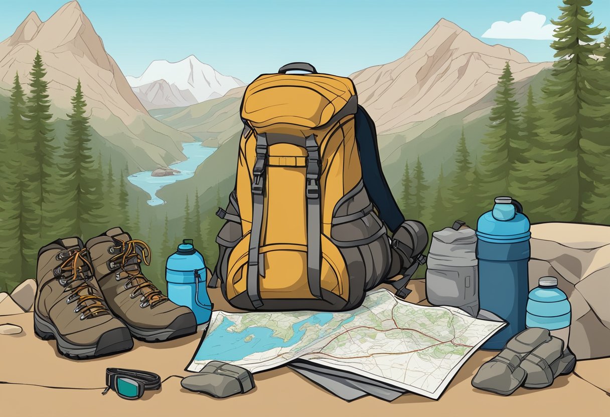 A rugged backpack sits on a rocky trail, surrounded by hiking gear and a water bottle. A pair of sturdy hiking boots and a map are laid out nearby