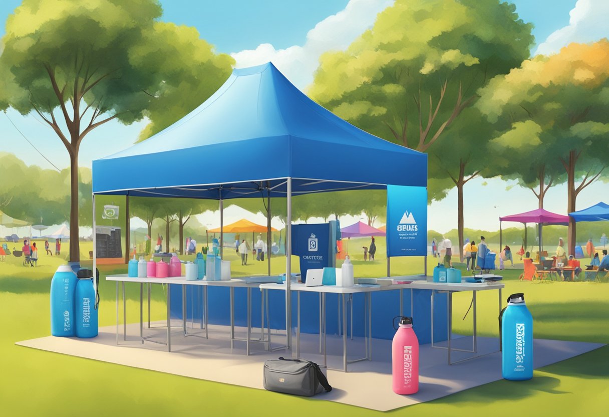 A table topped with branded water bottles, sunglasses, and portable phone chargers sits under a colorful pop-up tent in a grassy park