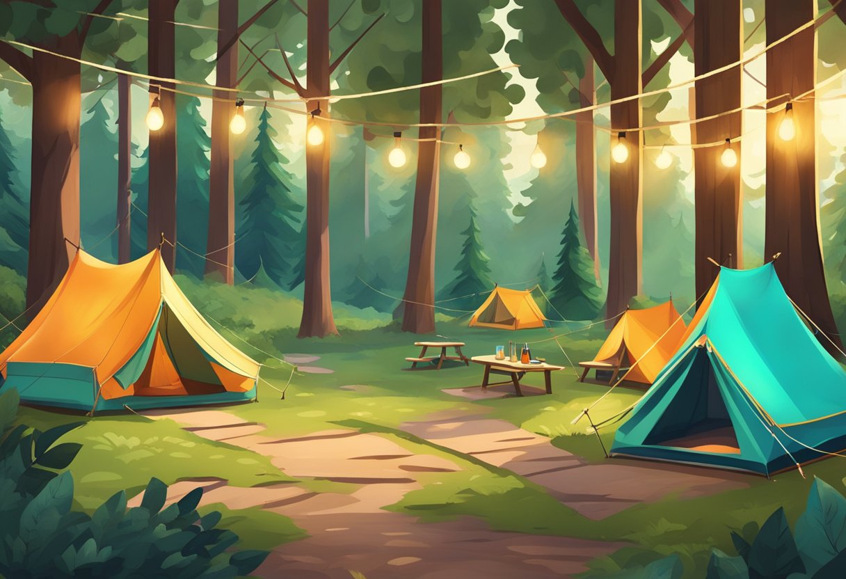 Colorful tents, cozy hammocks, and glowing string lights adorn a lush forest clearing. A rustic picnic area is set with trendy outdoor gear and stylish camping accessories