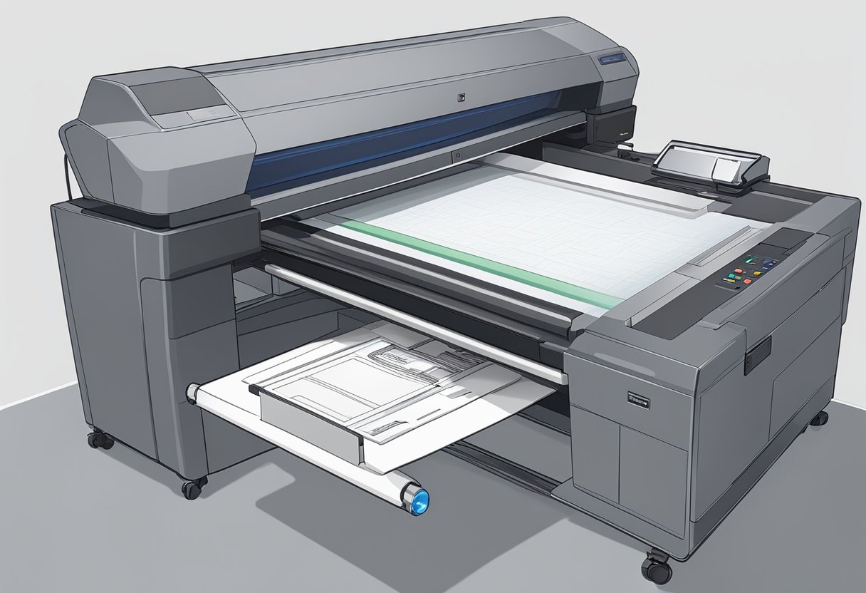 A laser printer and a screen printer sit side by side, each with their respective materials and equipment. The laser printer hums as it prints, while the screen printer is prepped for the next job