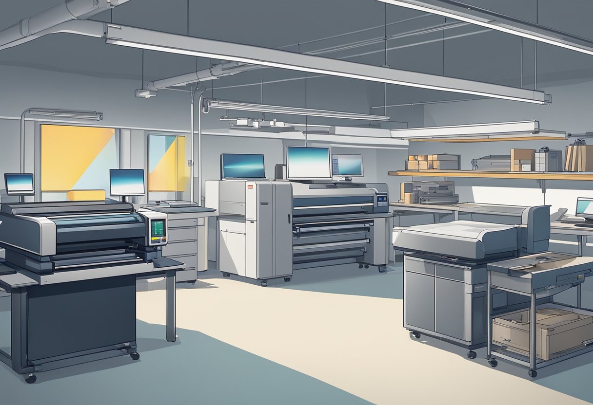 A modern laser printer next to traditional screen printing equipment in a busy production studio. Different materials and designs are being tested for quality and efficiency