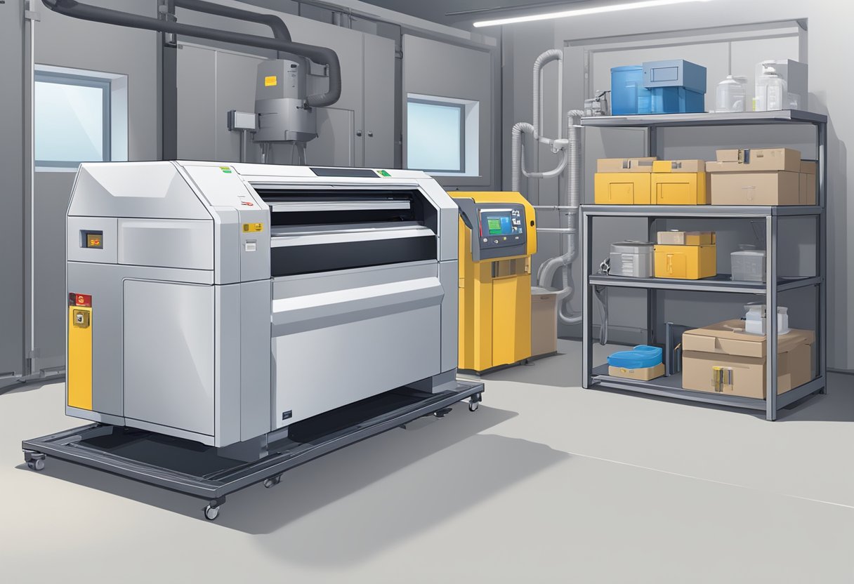 A laser printer sits in a well-ventilated room with proper ventilation and safety signage. A screen printing setup is surrounded by protective equipment and fire extinguisher