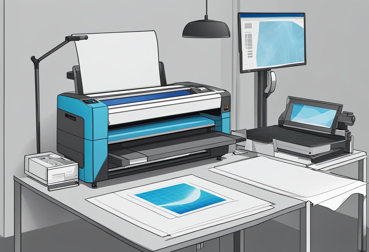 A laser printer and a screen printing machine side by side, with printed sheets coming out of the laser printer and a screen being prepared for printing