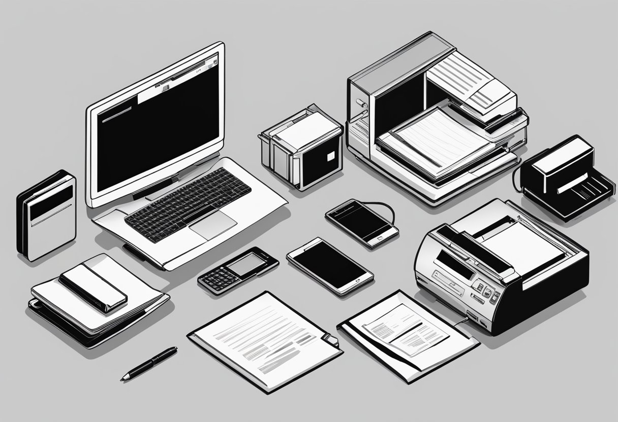 A desk with a computer, printer, phone, and stack of papers. Logo on each item