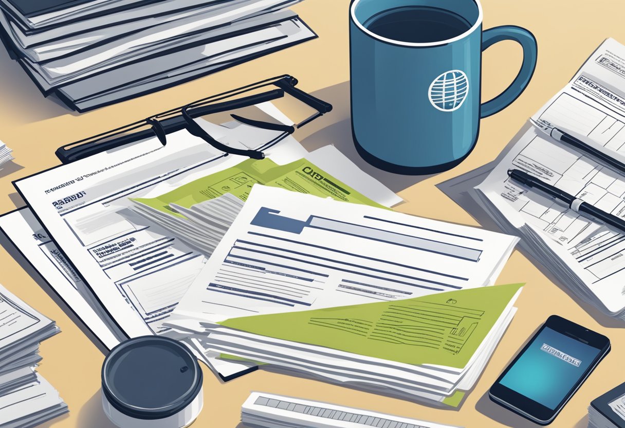 A pile of company swag items sits on a desk, surrounded by tax forms and regulations. An official-looking document labeled "Taxable Items" is prominently displayed