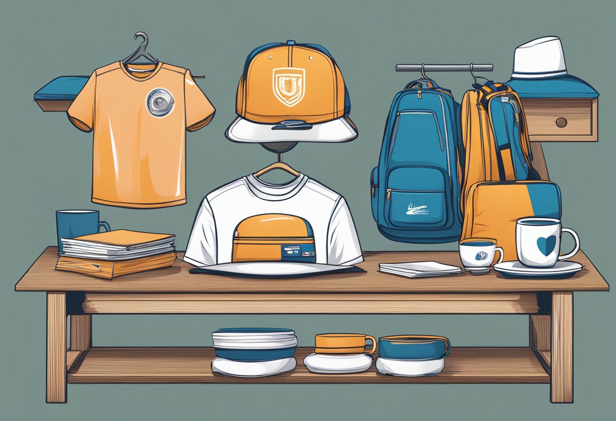 A table with various materials: t-shirts, hats, mugs, and bags. A logo is being printed on each item