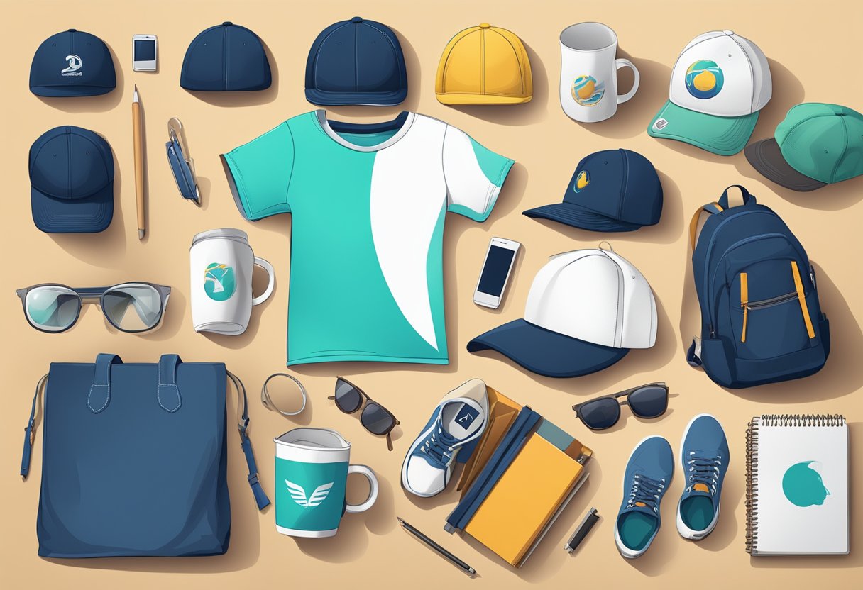 Various items such as t-shirts, mugs, hats, bags, and notebooks are scattered on a table, ready for branding with a logo