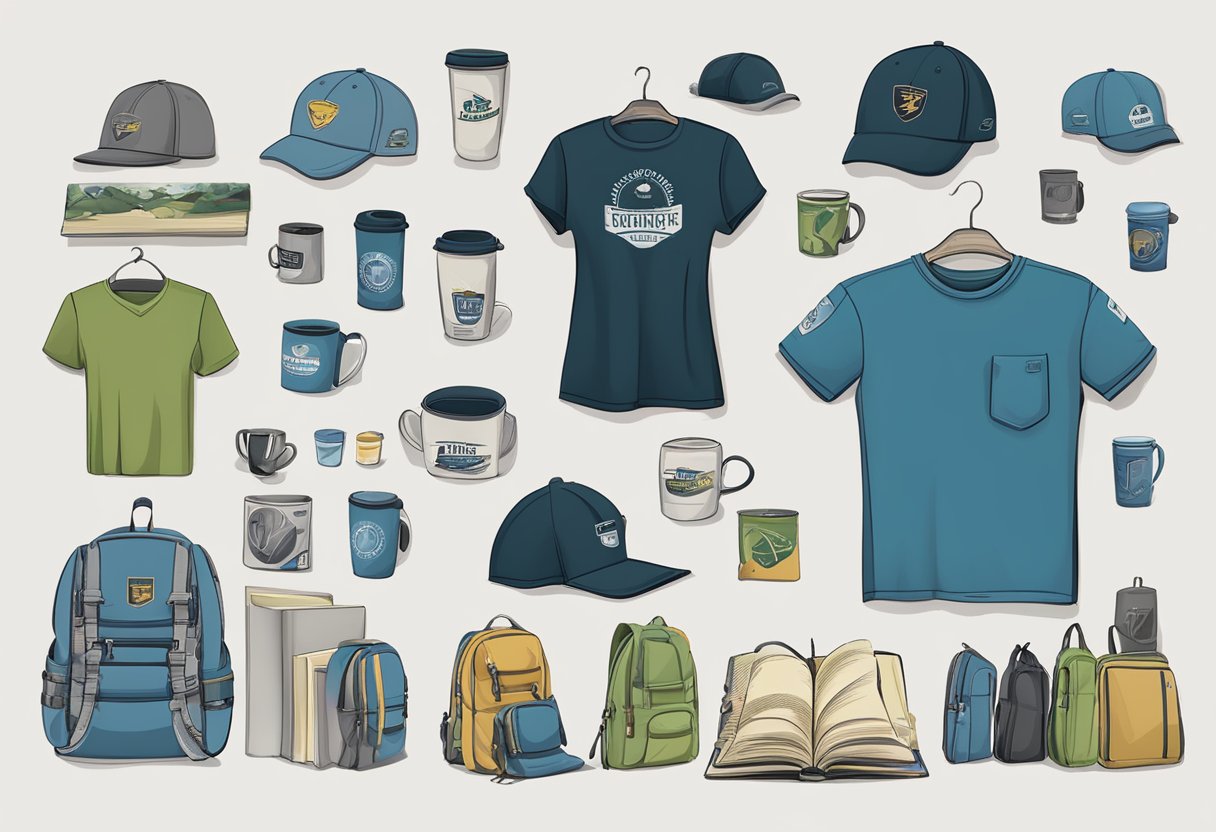 A variety of items, such as t-shirts, mugs, and notebooks, with logos displayed prominently