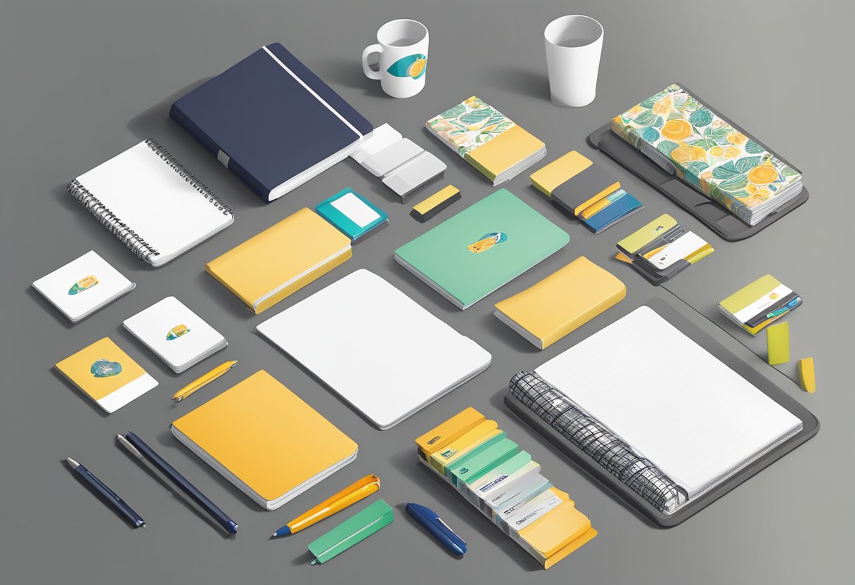 A table with various printed materials and stationery items, such as notebooks, pens, folders, and business cards, all displaying different logo designs