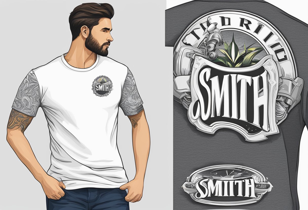 The name "Smith" is centered and placed 3 inches below the neckline on the back of a plain white t-shirt