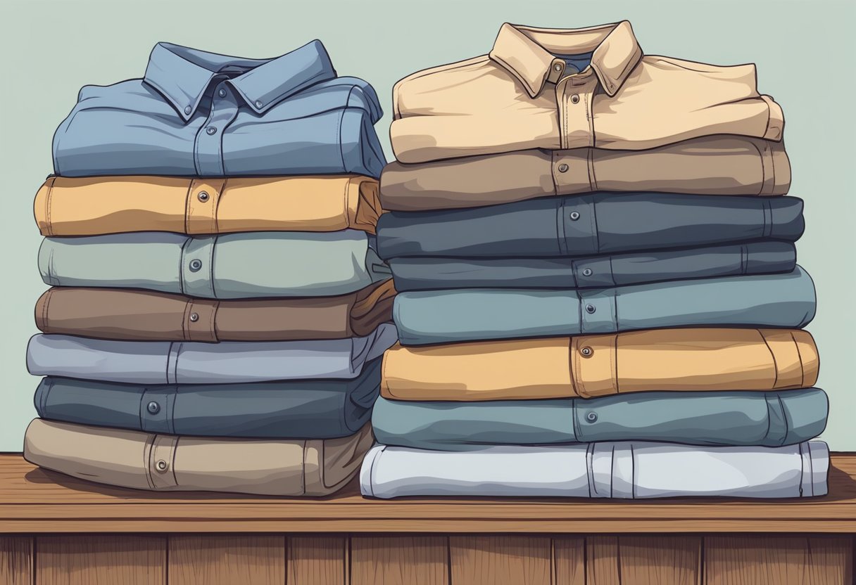 A pile of cozy, faded-colored shirts with a relaxed fit, stacked on a wooden shelf