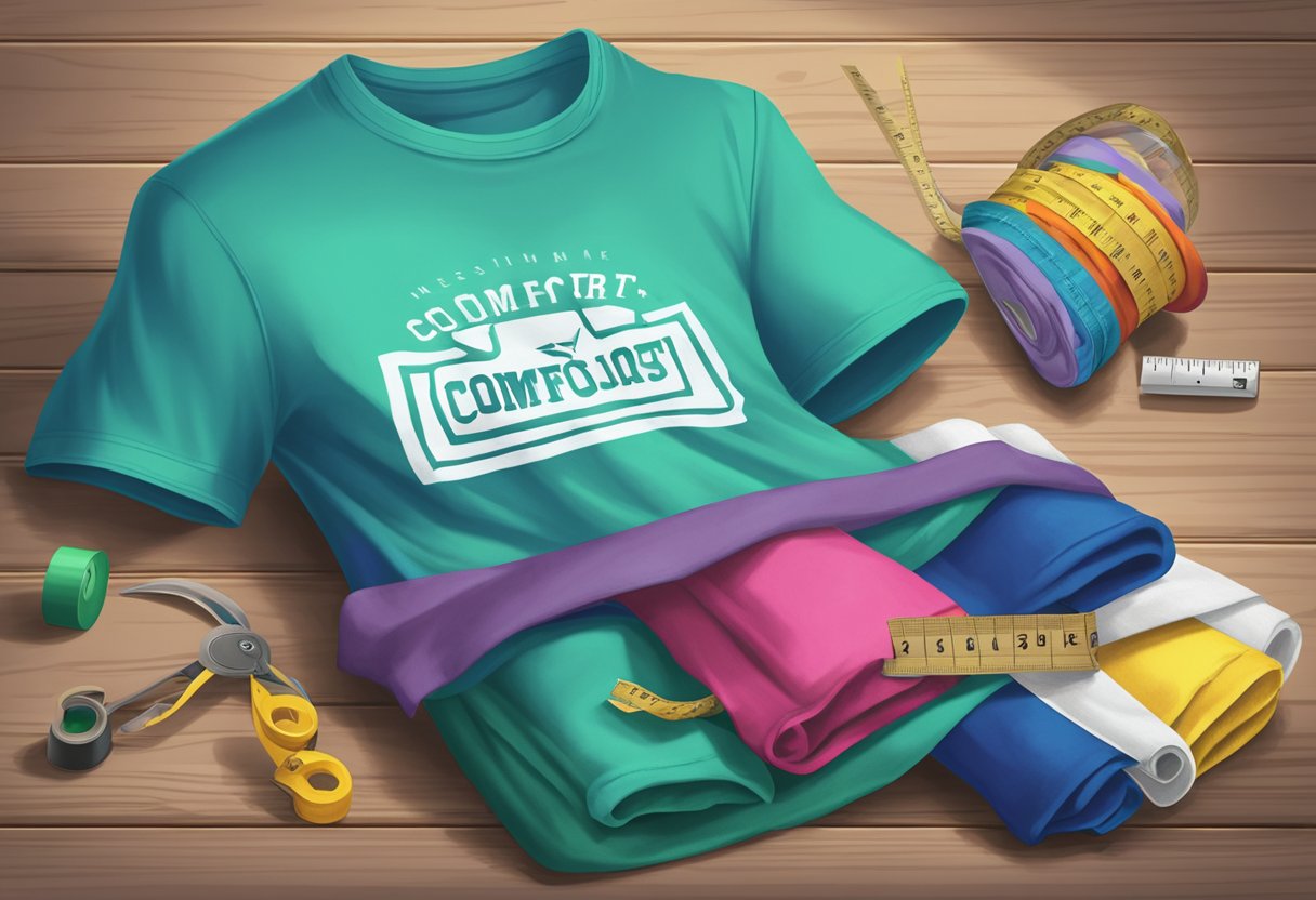 A colorful t-shirt lies on a wooden table, blending soft cotton and polyester fabric, with a tag reading "Comfort Colors" and a measuring tape nearby