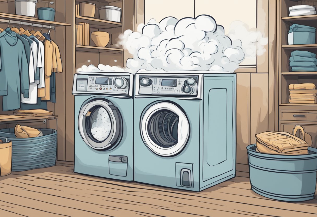 Comfort colors shrink in warm water. A t-shirt sits in a washing machine, surrounded by steam