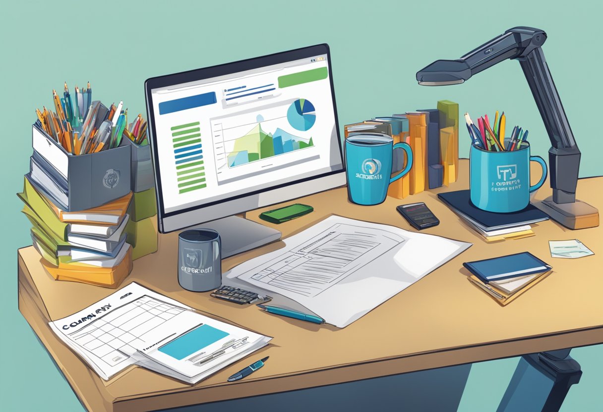 An office desk with branded merchandise like mugs, pens, and t-shirts. A tax form sits nearby, highlighting the question "Is company swag taxable?"