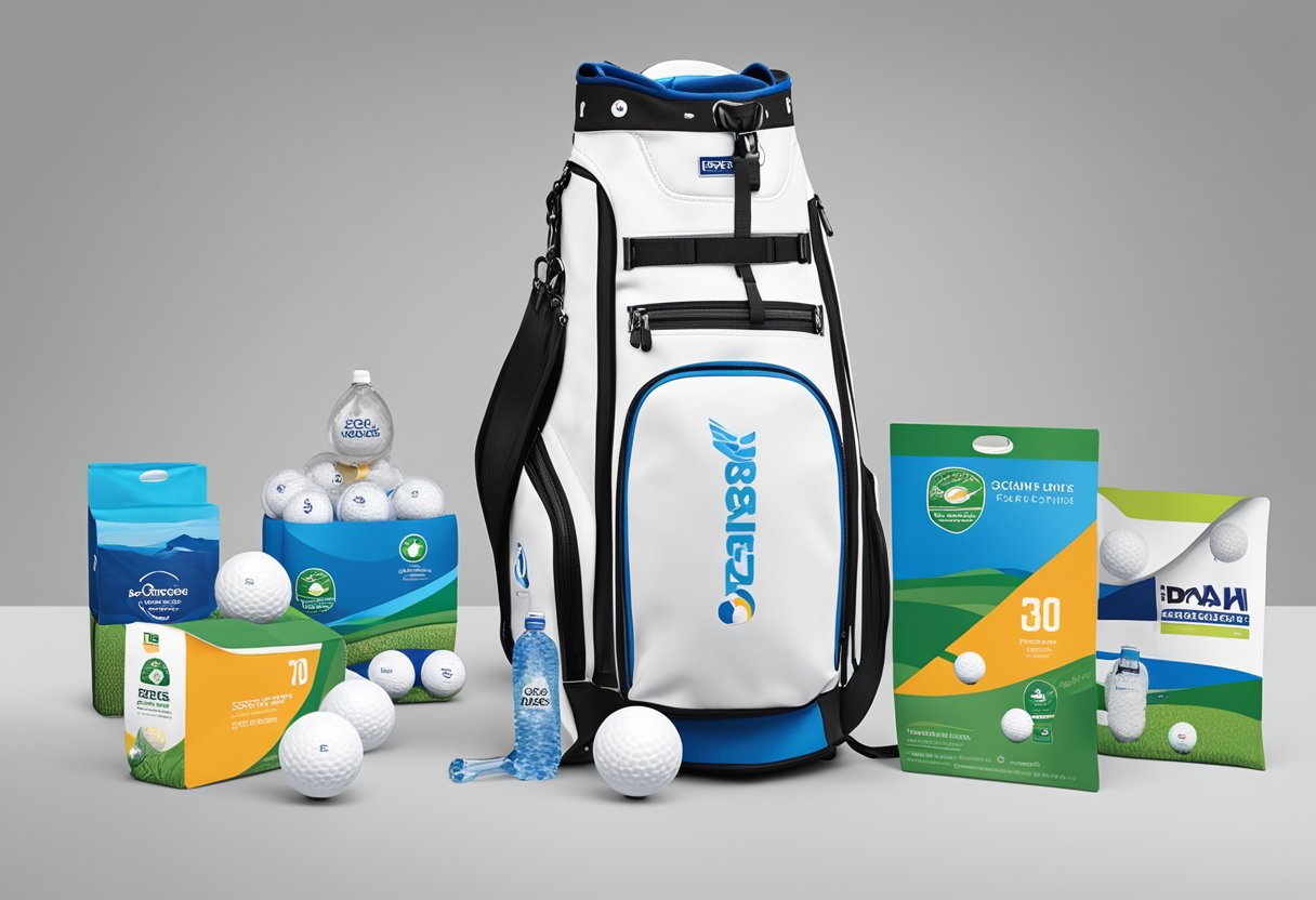 A golf swag bag filled with branded golf balls, tees, towels, and water bottles, surrounded by sponsor logos and partnership banners