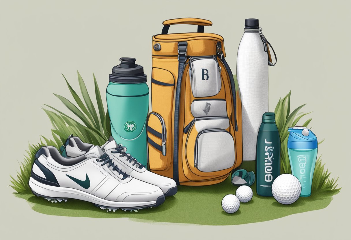 A golf bag filled with eco-friendly tees, reusable water bottles, organic snacks, and biodegradable golf balls. Ethically sourced towels and sustainable sunscreen also included