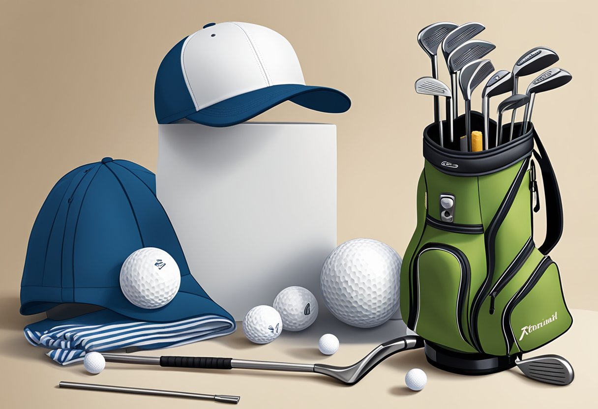 A table displays a golf swag bag filled with tees, balls, gloves, and a towel. A golf club and hat rest beside it