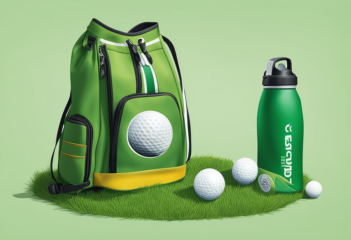 A golf swag bag sits on a lush green fairway, filled with branded golf balls, tees, a towel, and a water bottle