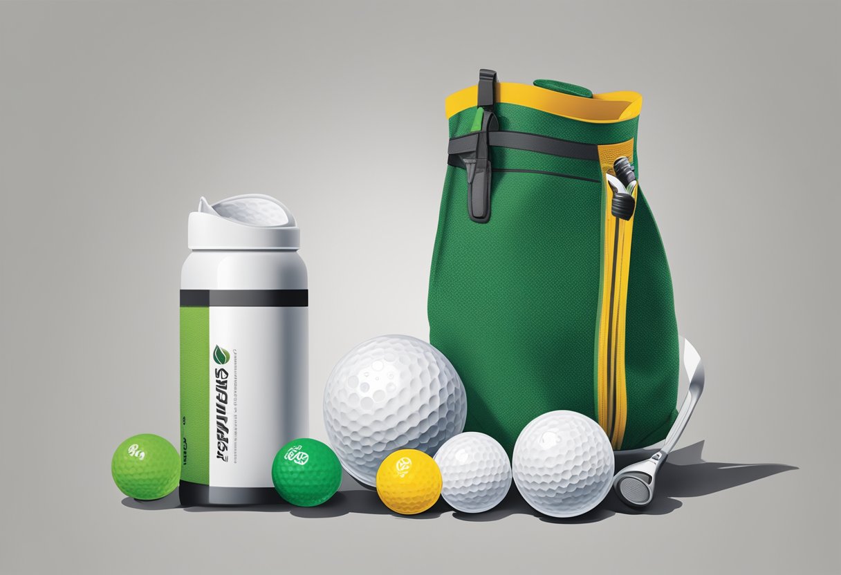 A golf swag bag filled with branded golf balls, tees, a towel, and a water bottle