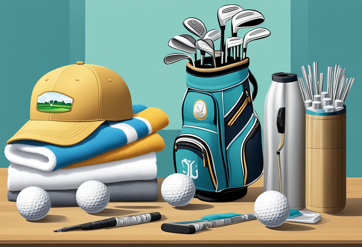 A table with golf swag items arranged neatly: golf balls, tees, towels, hats, and water bottles. A personalized golf bag in the background