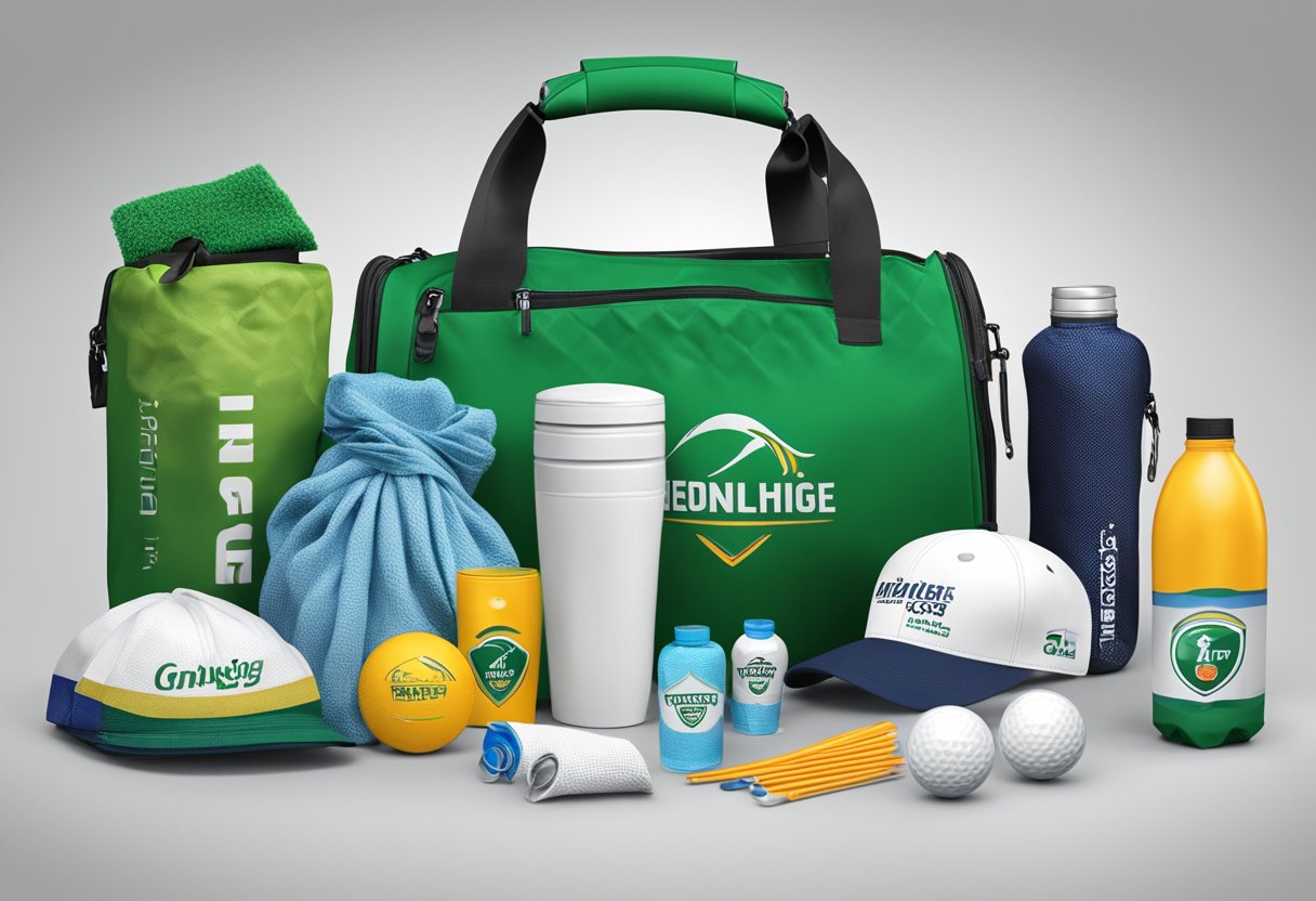 A golf swag bag overflowing with branded items: golf balls, tees, towels, hats, water bottles, and sunscreen. A logo prominently displayed on each item