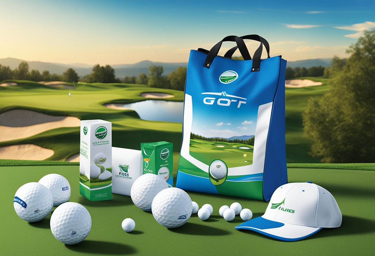 A table displays golf swag bag items: branded golf balls, tees, towels, and hats. A backdrop features a golf course with rolling hills and a bright blue sky